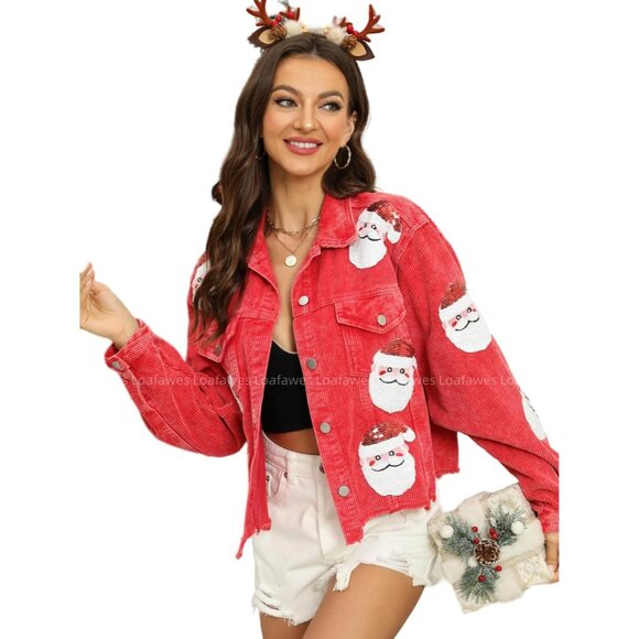 Women's Christmas Distressed Cropped Corduroy Jacket Santa Sequin Patched Short